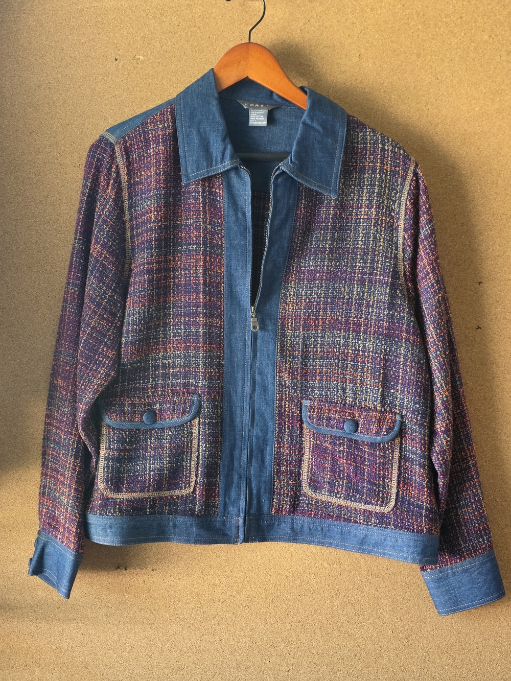 Vintage Koret Denim Tweed Zip Up Jacket Womens Size L Art To Wear Cottagecore
